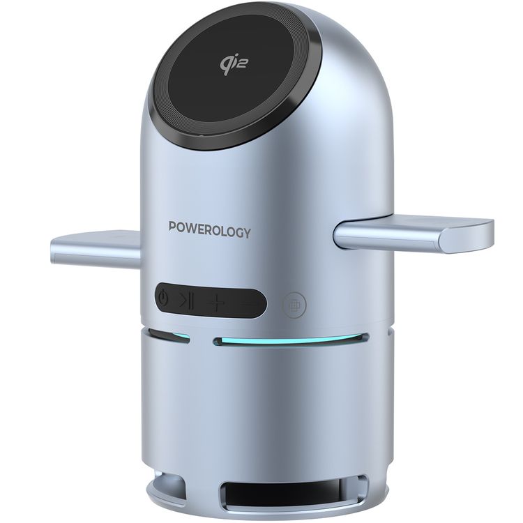 Powerology Qi2 Speaker Charge Station with Pop-Out Charging Dock, 15W Maximum Phone Output, 1000mAh Battery Capacity, Bluetooth Version 5.3, Built-in Safeguards - Gray