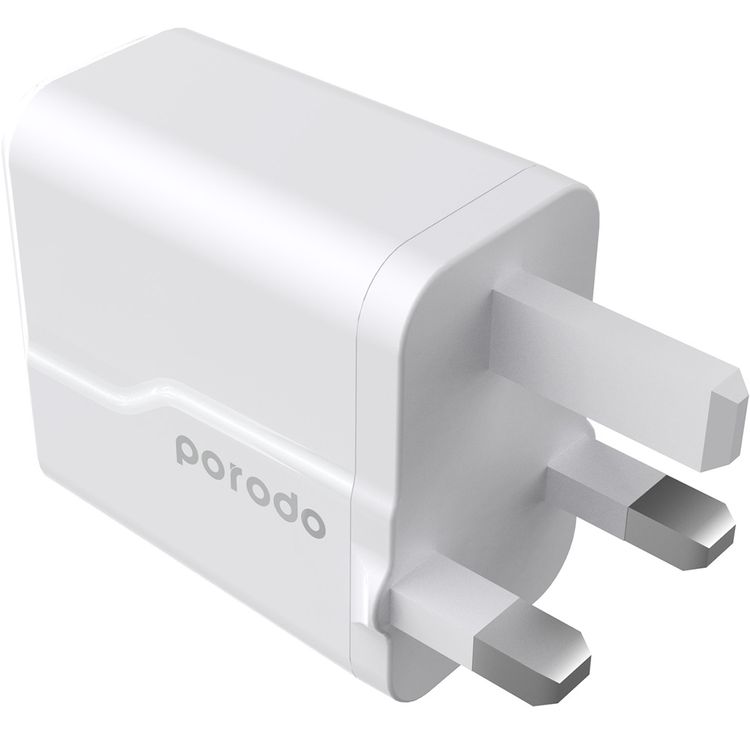 Porodo Dual Port Wall Charger with 20W Power Delivery, QC 18W, Fire Retardant Material, Overcurrent Protection, UK 3-Pin Plug, Built-in Protective Mechanisms - White