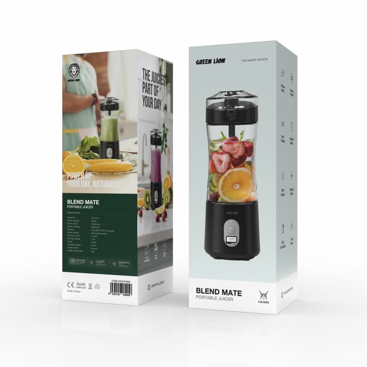 Green Lion Blend Mate Portable Juicer with 6 High-Powered Blades, BPA Free, Self Cleaning, PCTG Food Grade, 380mL Bottle Capacity, 1800 RPM Motor Speed - Black