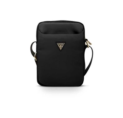 Guess Nylon 10" Tablet Bag with Metal Triangle Logo, Adjustable Shoulder Strap, Multiple Compartments, High-Quality Nylon Material - Black