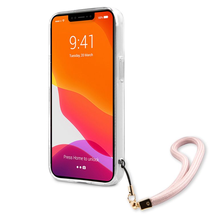 CG MOBILE Guess PC/TPU Case Marble Design & Stripe with Anti-Lost Nylon Strap for iPhone 13 Pro Max (6.7") Suitable with Wireless Charging Officially Licensed - Pink