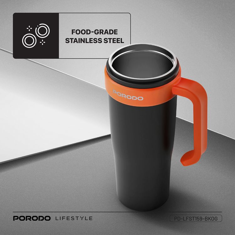 Porodo Lifestyle 6-Blade Portable Blender & Insulated Mug with 900mL Capacity, 18000 RPM Motor Speed, 70W Rated Power, 304 Food-Grade Stainless Steel Material, Keeps Hot & Cold for up to 6 Hours, 2x 1500mAh Battery Capacity, USB-C Charging Interface, Spill-free Lid Design - Black / Orange