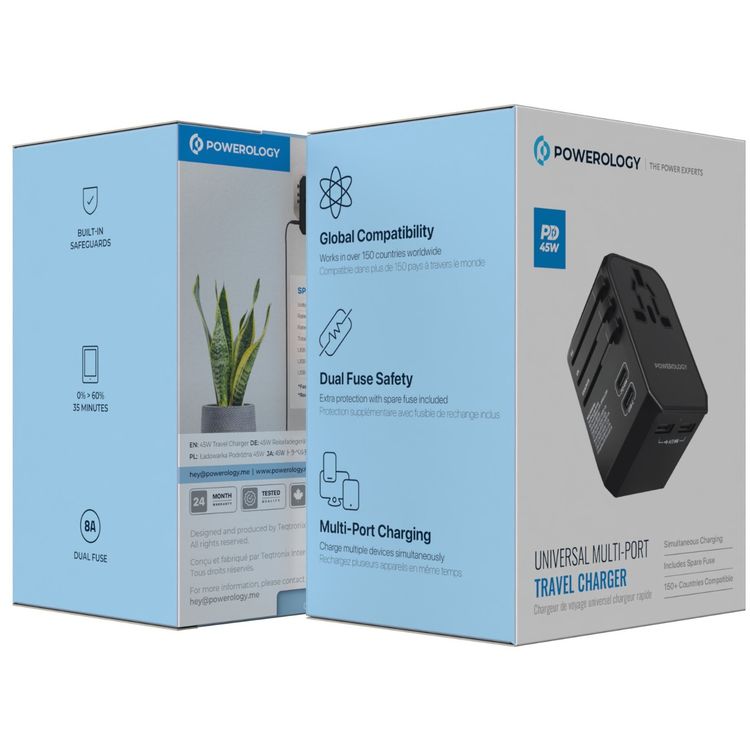 Powerology Universal Multi-Port Travel Charger with 45W Power Delivery, 8A Dual Fuse, Simultaneous Charging, Built-in Safeguards, Fast Charging, Active Protect - Black