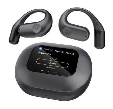 سماعات أذن Powerology Air Conduction ENC TWS وحافظة شحن مع شاشة رقمية وبلوتوث الإصدار 5.3 - أسود