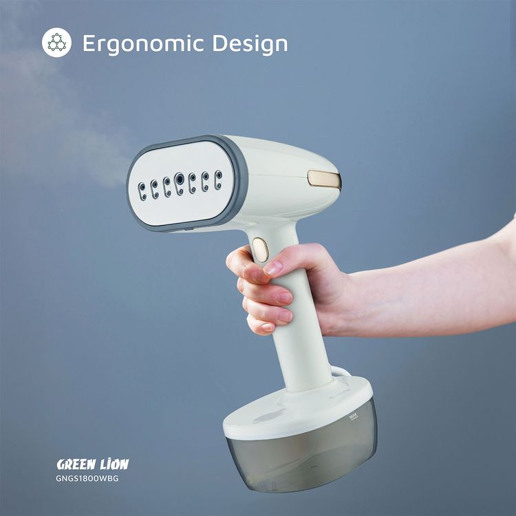 Green Lion Garment Steamer with 1800W Rated Power, 350mL Water Tank Capacity, 32g/min Steam Output, 65.56-110°C Temperature Range, Vertical, Flat, Inclined Steaming, 35 Seconds Fast Heating Time, 20 Minutes Continuous Steam Time, Gentle Fabric Care, Automatic Shut Down, Detachable Water Tank - Beige