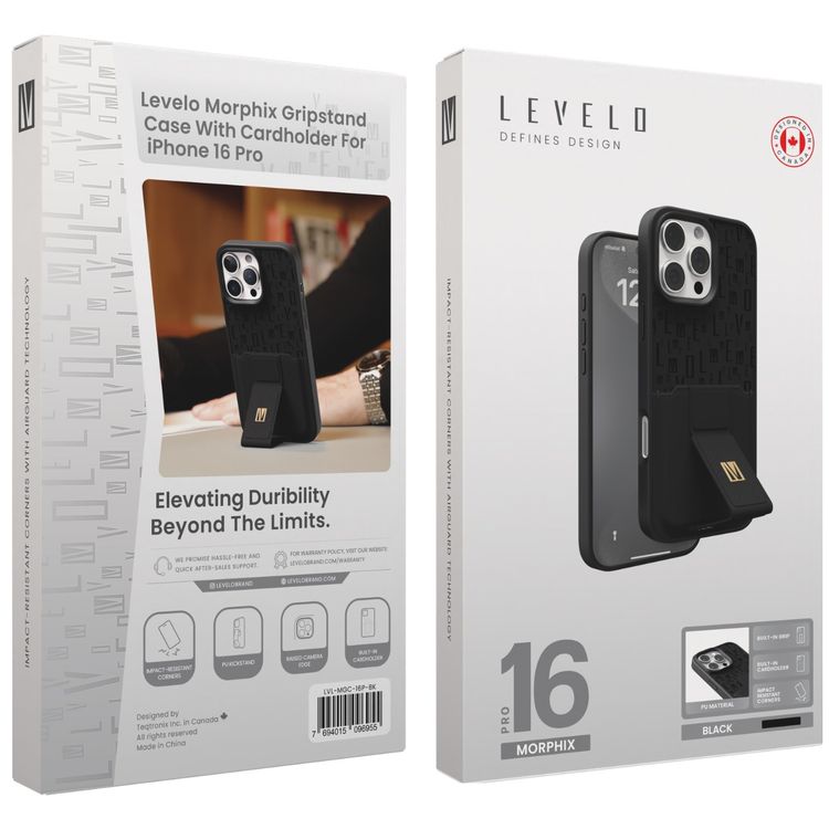 حافظة Levelo Morphix Gripstand مع حامل بطاقات لهاتف iPhone 16 Pro، حامل بطاقات مدمج، زوايا مقاومة للصدمات، ملمس نحيف بدون غطاء، حافة كاميرا مرتفعة، مادة فائقة المتانة - أسود