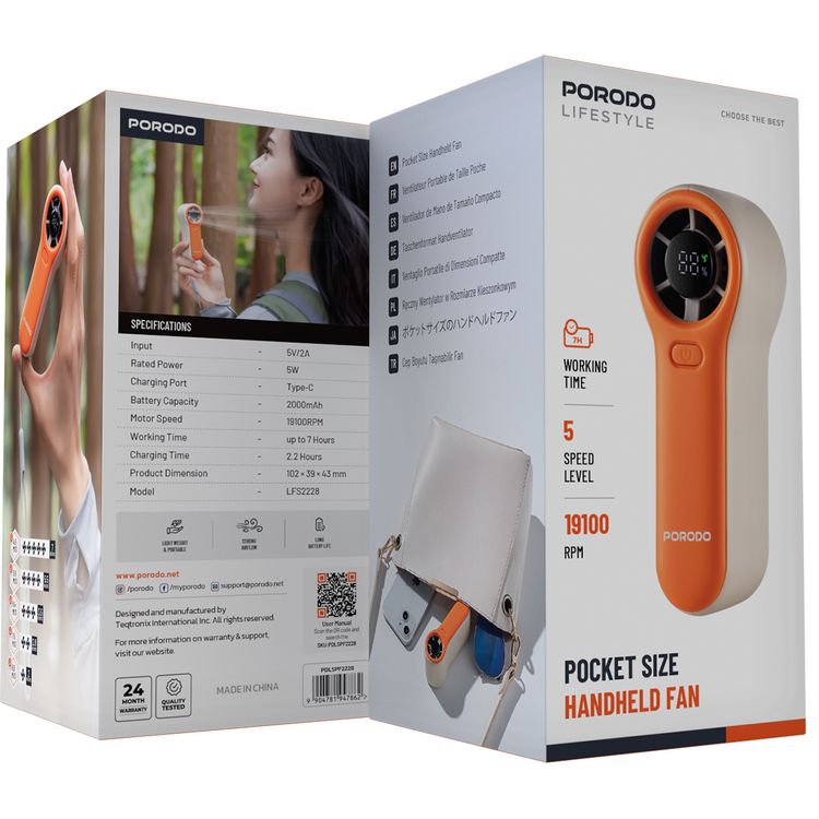 Porodo Lifestyle Pocket Size Handheld Fan with 19100RPM Motor Speed, 5 Speed Levels, 5W Rated Power, Up to 8.8m/s Air Thrust Speed, 2000mAh Battery Capacity, Up to 7 Hours Working Time, Type-C Charging Port, Strong Airflow, Lightweight & Portable - Beige / Orange