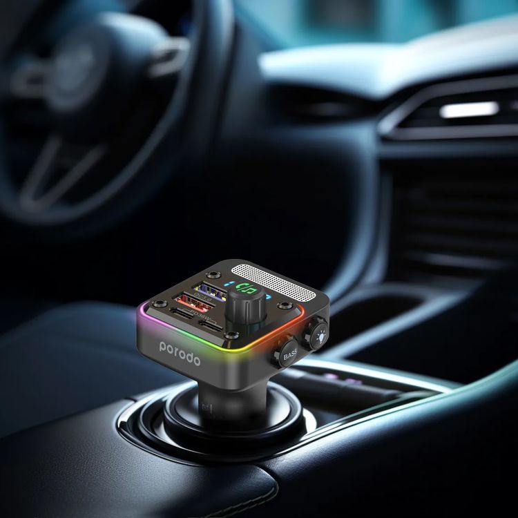 Porodo 3-in-1 FM Car Charger with 36W Power Delivery, 10m Bluetooth Range, Built-in Microphone, Multi-Port Charging, Up to 32 GB USB Flash Drive - Black