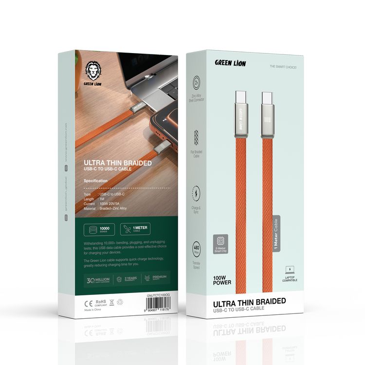 Green Lion Ultra-Thin Braided USB-C to USB-C Cable with 10000 Bends Life Span, Compatible with Laptop, 1m Cable length, Zinc Alloy Shell Connector, Flat-Braided Cable, Charge & Sync, 480Mbps Data Transfer Speed, 100W 20V/5A Cable Current, E-Marker Smart Chip - Orange