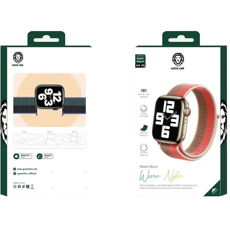Green Lion Nylon Sport Loop Watch Strap for Apple Watch 44/45mm, Hook & Loop Fastener, Quick & Easy Adjustment, Comfortable Fit, Breathable & Lightweight - Grapefruit / Wheat