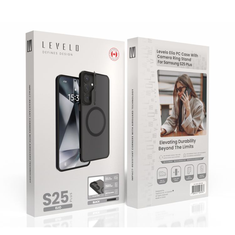 جراب Levelo Elio لهاتف Samsung Galaxy S25 Plus متوافق مع MagSafe، حلقة كاميرا معدنية، حامل مدمج، تصميم رفيع للغاية، مضاد للاصفرار - أسود