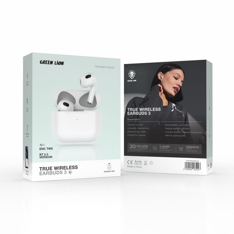 Green Lion True Wireless Earbuds 3 G1 with 4 Hours Working Time, Waterproof, Touch Control, 2 Hours Charging Time, Wireless Charging Compatible, Built-in Microphone - White 