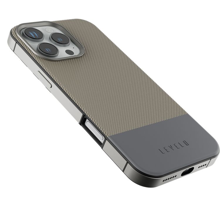 Levelo Cuir Two Tone Leather Case For iPhone 16 Pro, Durable, Compact Design, MagSafe Compatible, Hybrid Case, Impact-Resistant Corners , Aluminum Bumper Finish, High Quality Material - Gray