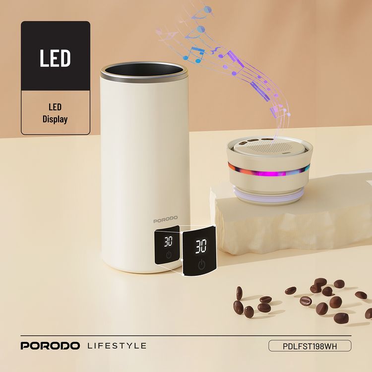 Porodo Fluxmix 350mL Stirring Cup with Speaker, LED Temperature Display, 200 Cycles Blender Battery Life, 2 Hours Speaker Battery Life, 5W Speaker Power, Bluetooth Version 5.3, 155mAh Blender Battery Capacity, 600mAh Speaker Battery Capacity, Touch Control, 304 Stainless Steel Material - White