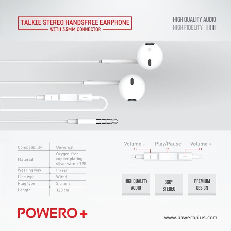 Powero+ Talkie Stereo Earphones with 3.5mm Connector | Wired Headset - White