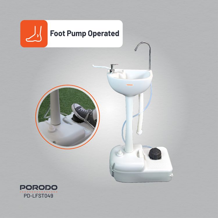 Porodo Lifestyle Portable Handwash Station, Dispenses 220mL of Water Per Pump, 17L Water Capacity, 3L Soap Capacity, Foot Pump Operated, Efficient Pumping System - White