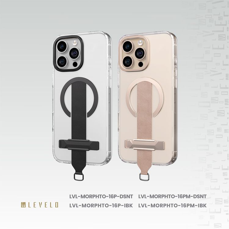 Levelo Morphix Trio Case for iPhone 16 Pro with Built-in Kickstand, Metal Camera Edge, MagSafe Compatible, Impact-Resistant Corners, Grip Strap & Metal Hook, Anti Yellowing - Ink Black