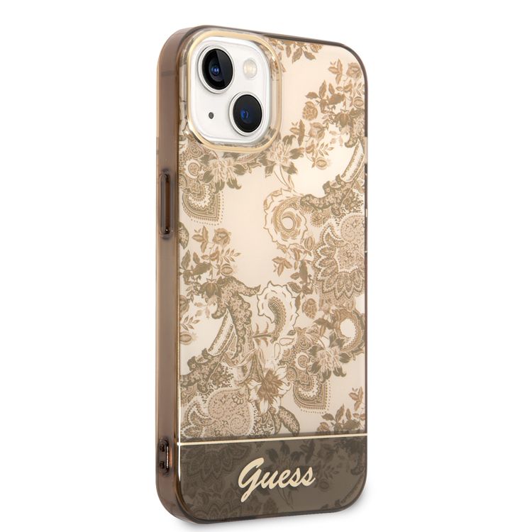 Guess PC/TPU IML Case With Double Layer Electroplated Camera Outline & Toile De Jouy - iPhone 14 - Ochre