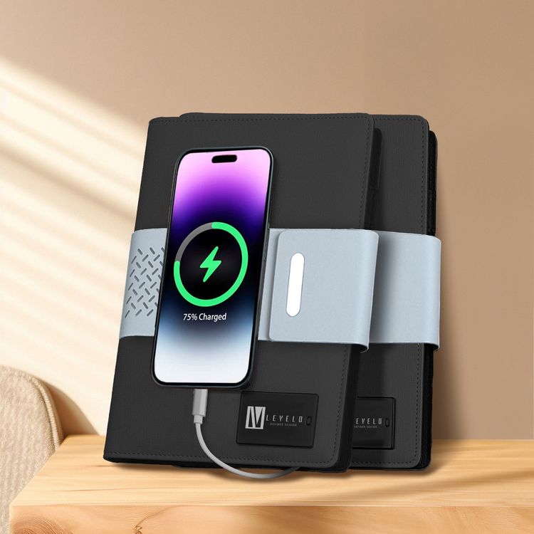 Levelo Techbook Notebook Leather Cover with 8000mAh Built-in Power Bank, Ballpoint Pen, 80pcs Paper Sheets, Loose-Leaf Binder - Black