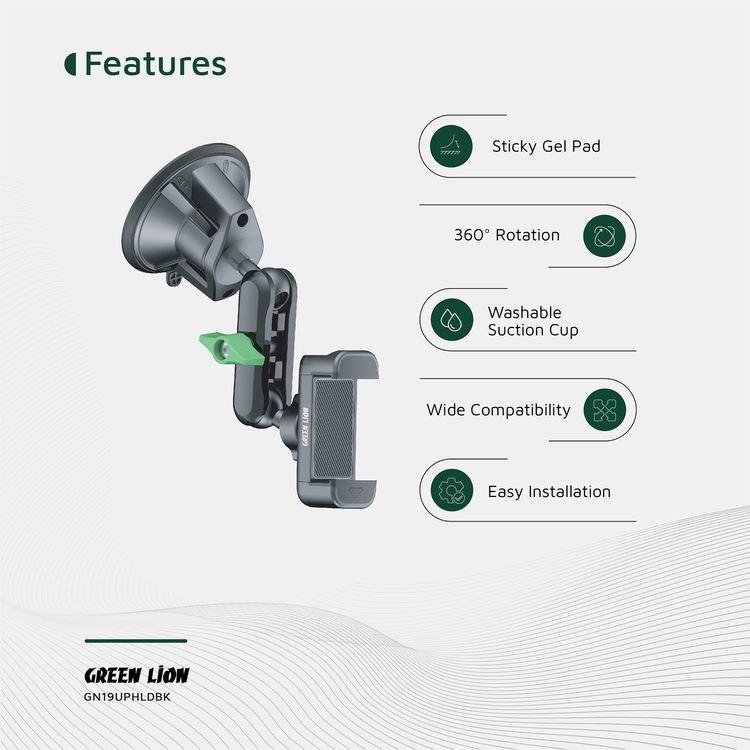 Green Lion GX-19 Universal Phone Holder, Adjustable holder size from 5 to 14 cm, Up to 4kg Clamping Force, Washable Suction Cup, Easy Installation, Sticky Gel Pad, 360° Rotation - Black