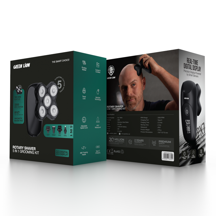 Green Lion Rotary Shaver, Wet & Dry Use, 5-in-1 Grooming Kit, Powerful DC 260 Motor, 2 Speed Levels, Sharp Pivoting Blades, 2 Hours Cordless Use, Waterproof, SkinSafe Technology, 360° Floating Heads Trimmer - Black