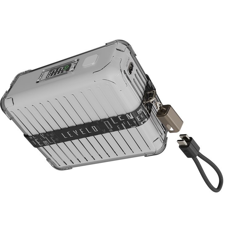 Levelo  Aerion Portable 10000mAh Power Bank with Luggage Design, LED Display, Over Current Protection, Lithium-ion Battery, Grip Cable, Fast Charging Support - White / Black  