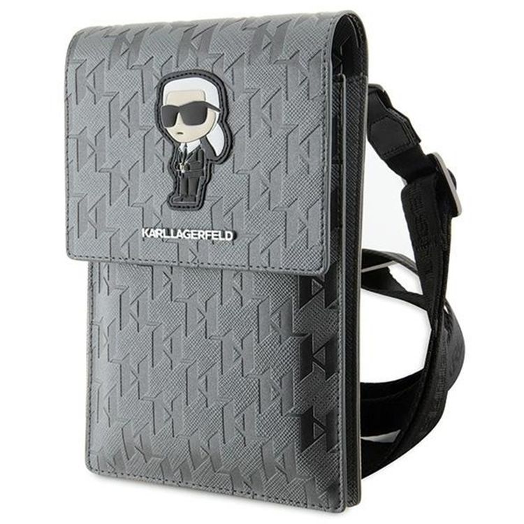 Karl Lagerfeld Saffiano Mono Ikonik Wallet with NFT Logo, Adjustable Shoulder Strap, Multiple Compartments, 3 Card Slots, Water Resistant - Silver