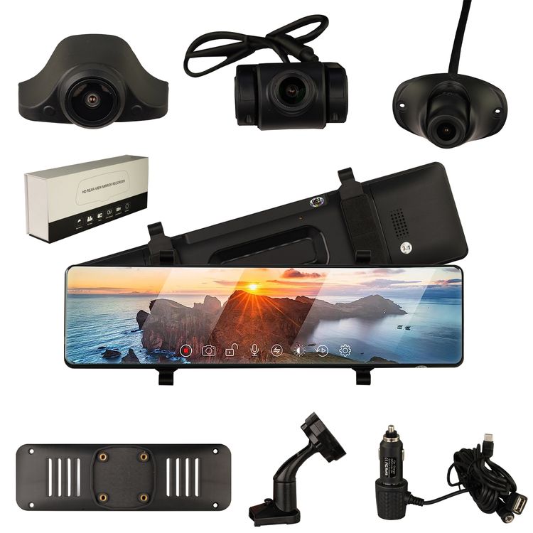 كاميرا احتياطية ثلاثية الاتجاهات CLAYTON 1136 HD Mirror Dash مسجل، Carplay/Android Auto، تصوير خلفي