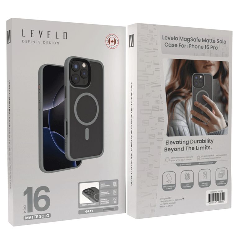 Levelo Matte Solo Case with MagSafe Compatibility for iPhone 16 Pro, Impact-Resistant Corners, Anti-Fingerprint, Hybrid Construction - Gray