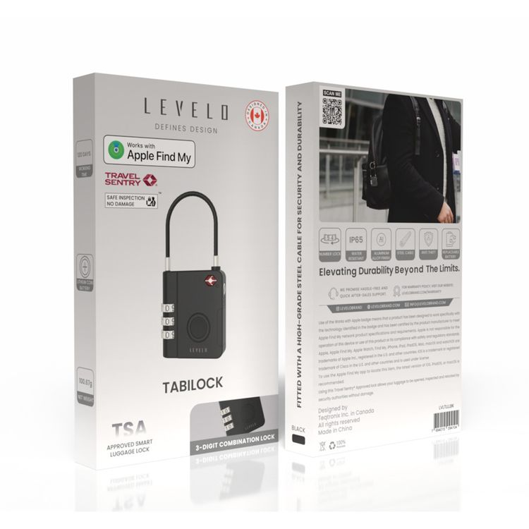  Levelo TabiLock TSA Approved Smart Luggage Lock, 120 Days Working Time, Replaceable Lithium Coin Battery, 3-Digit Combination Lock, Anti-Theft System, Steel Cable with Aluminum Alloy Finish - Black