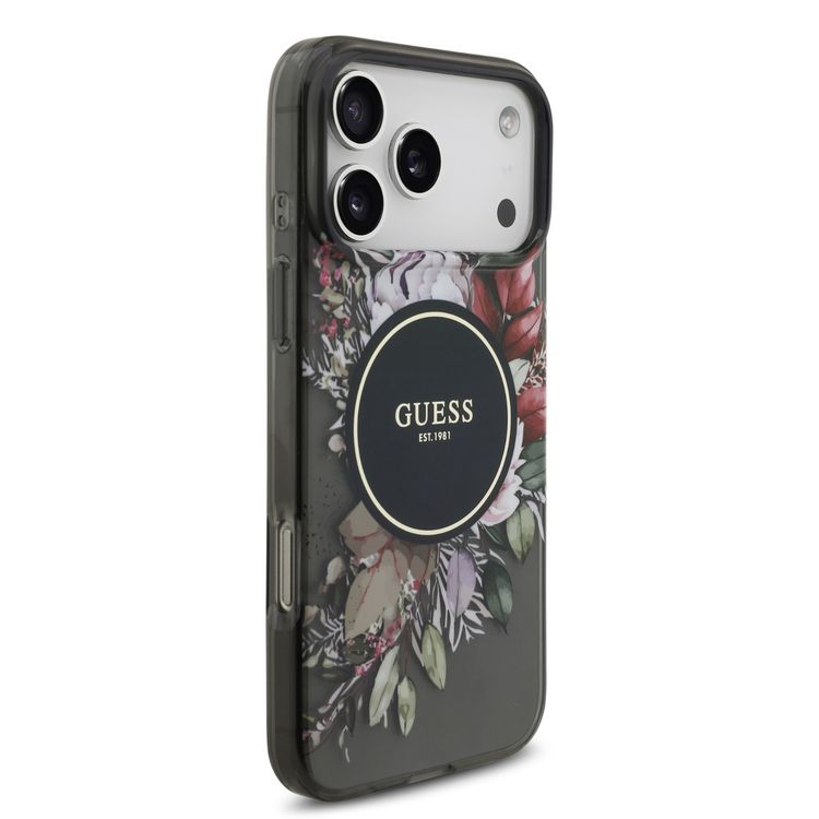 Guess MagSafe IML Case with Flowers Pattern & Lanyard for iPhone 17 Pro, Easy Snap-On, Sustainable Packaging, Comfortable Grip, Drop Protection, Slim & Lightweight Design - Black