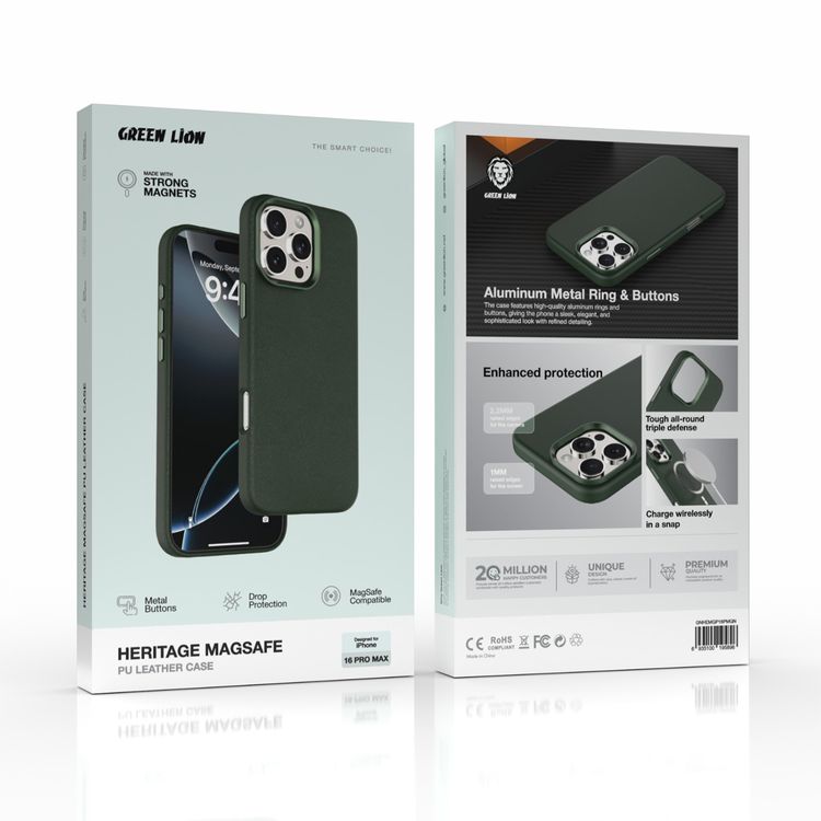 Green Lion Heritage Magsafe Leather case For iPhone 16 Pro Max, Camera Protection, Metal Buttons, Anti Scratch - Green