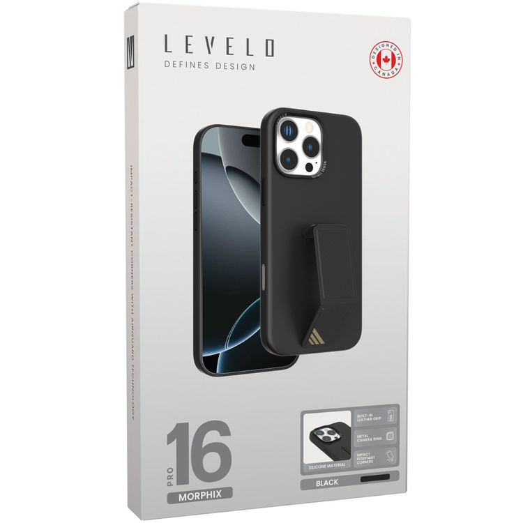 كفر حماية سيليكون Levelo Morphix مع قبضة جلدية لهاتف iPhone 16 Pro، حلقة معدنية للكاميرا، حامل متعدد الوظائف، زوايا مقاومة للصدمات، مواد فائقة المتانة - أسود