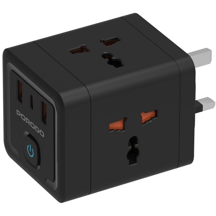 Porodo 4-AC Universal Power Block Adapter with USB-C & Dual USB-A Ports, Fast Charge, 20W Power Delivery, Built-in Safeguards, Simultaneous Charging, 2500W Rated Power - Black