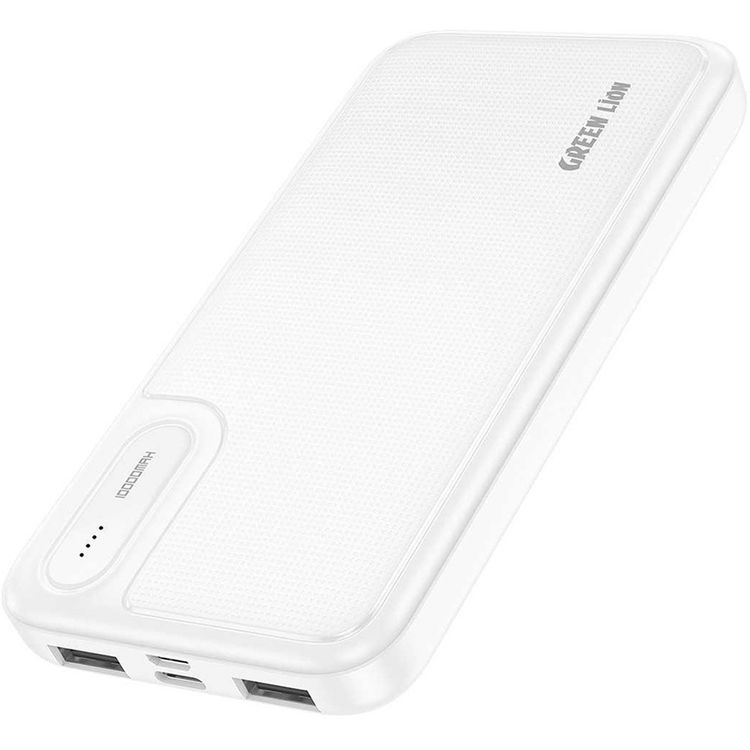 Green Lion Power Mate 10000mAh Power Bank with ×2 USB-A Output Ports, Micro & Type-C Input Ports, ABS+PC Material, Multi Protection, LED Light - White