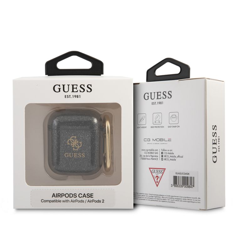 Guess Glitter Case for AirPods 1&2 Generation with Accurate Cutouts, Easy Snap-on, Drop Protection, TPU Material, Lightweight - Black 