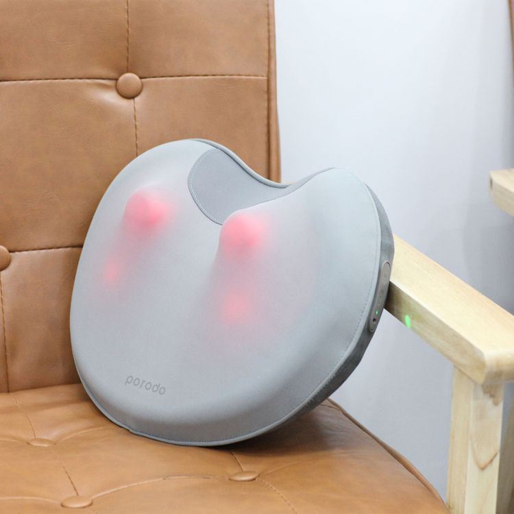Porodo Lifestyle Portable Lumbar Massaging Cushion with Heat & Air-Wave Pulses, Multiple Massage Modes, 2600mAh Battery, 15 Minutes Auto Timer, 150 Minutes Working Time - Gray