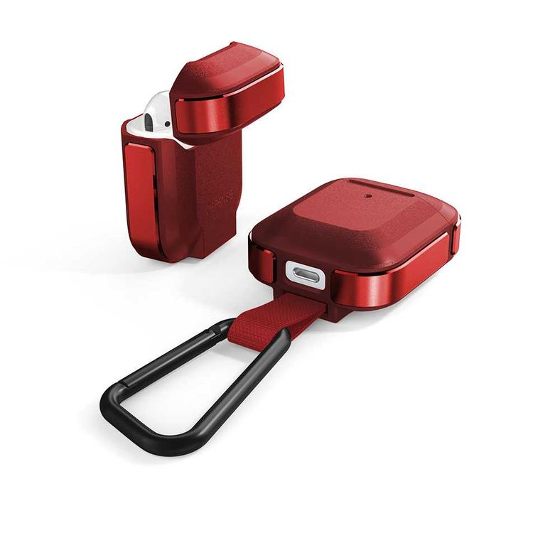 X-Doria Defense Trek Aluminum Bumper Case with Anti-Lost Carabiner & Loop Compatible for AirPods 1 & 2 - Sleek Design Cover - 360 Degree Protection - Charging Light Visible - Red