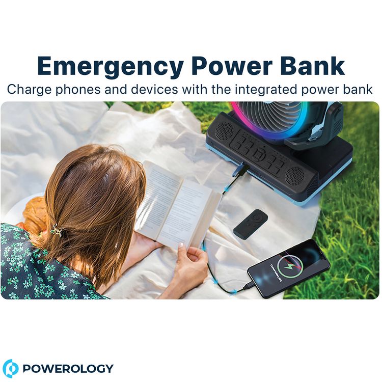 Powerology Ventopower Outdoor 40K Oscillating Fan with 6 Speed Levels, High Capacity Battery, Timer, Dynamic Mood Lighting, TF Card Playback, Oscillating Fan Head - Black