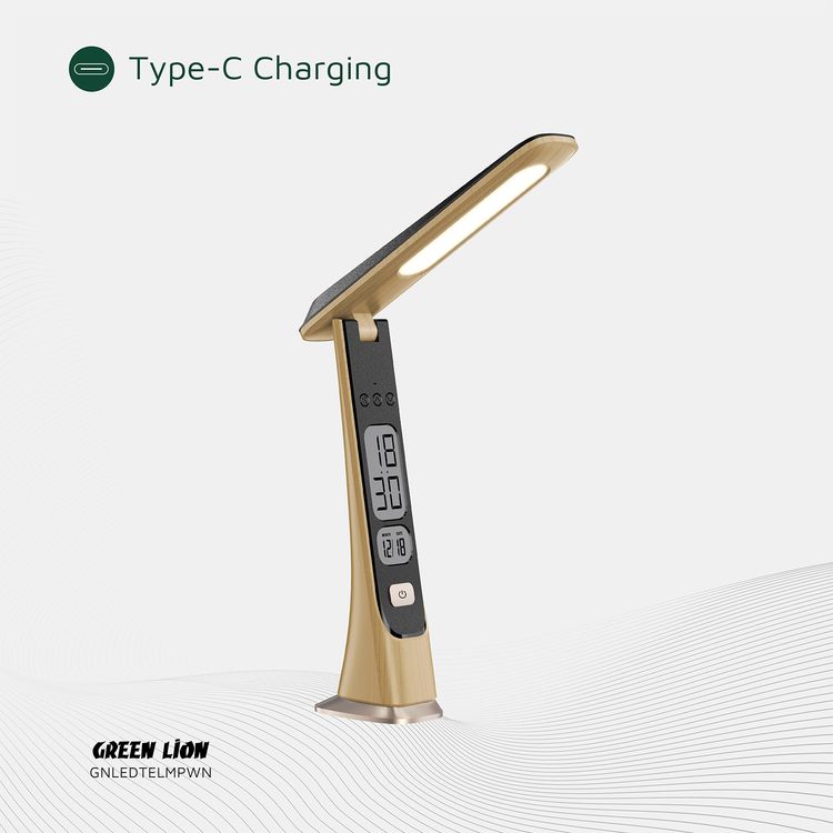 Green Lion LED Table Lamp with ABS Material, 1800mAh Battery Capacity, Cold-Natural-Warm Light Modes, 3.5 Hours Working Time, Adjustable Brightness & Angle, Digital Time & Date - Wooden