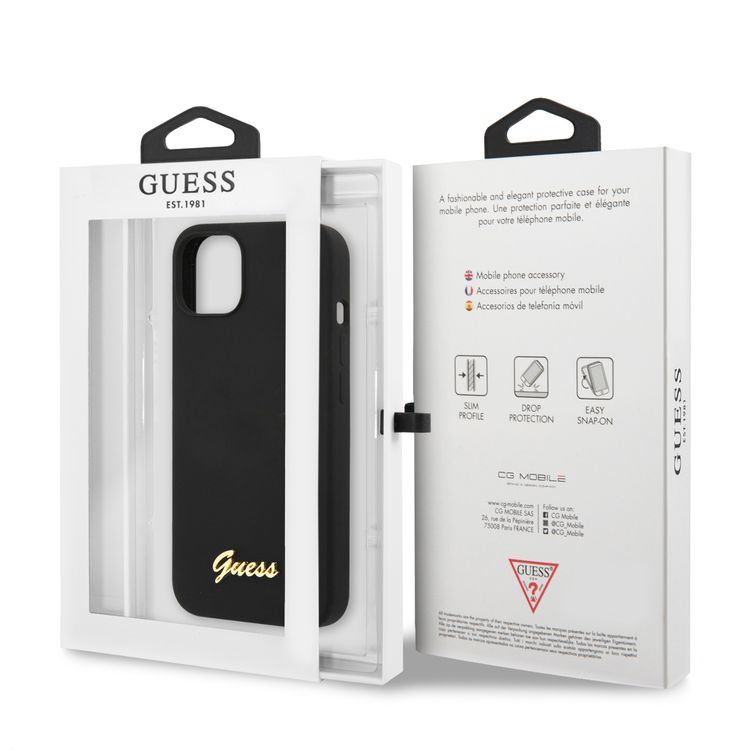CG MOBILE Guess Liquid Silicone Case with Gold Metal Logo Script Compatible for iPhone 13 (6.1") Anti-Scratch, Easy Access to All Ports, Shock Absorption