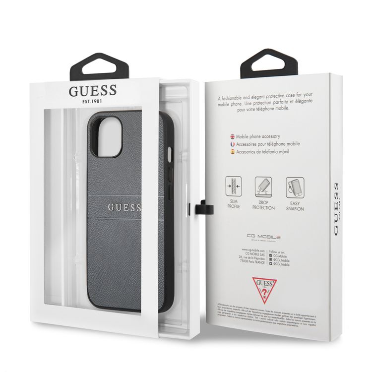 CG MOBILE Guess PU Leather Case Saffiano with Metal Logo Hot Stamp Stripes Compatible for iPhone 13 (6.1") Anti-Scratch, Easy Access to All Ports