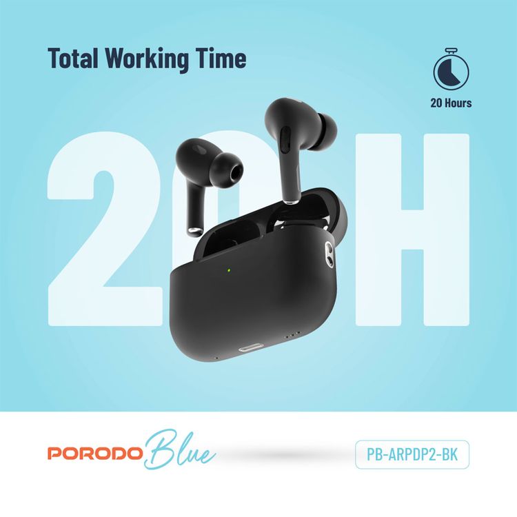 Porodo Blue Earbuds Pro 2 With Swipe Volume, 20 Hours Working Time, Wireless Charging, Deep Bass, Independent Earbuds, Touch Control - Black