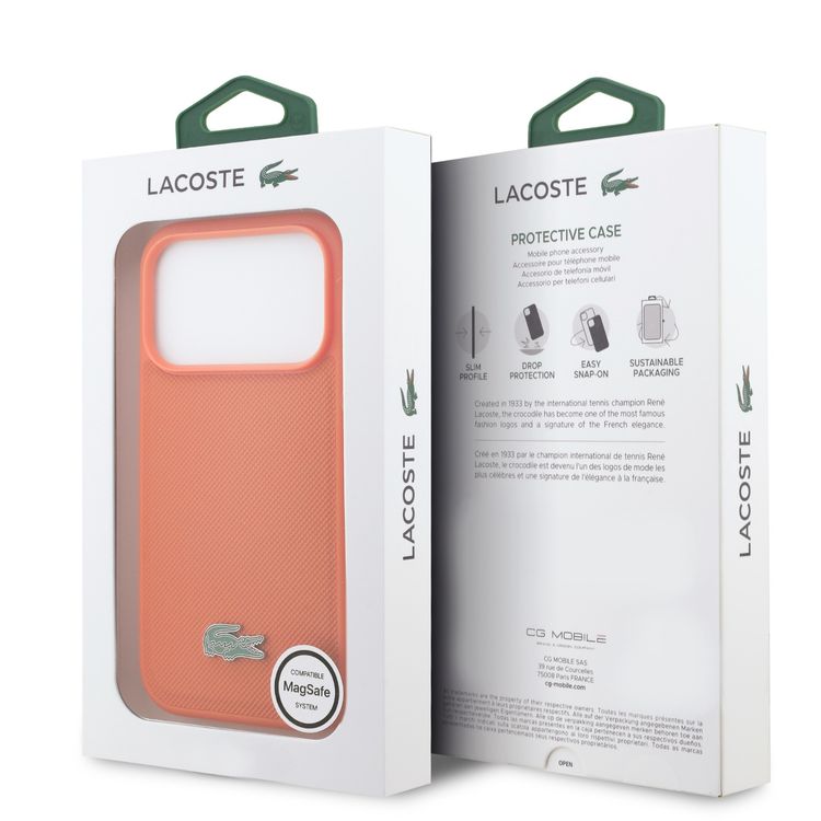 Lacoste Magsafe PU Leather Hard Case with Iconic Petit Pique Logo for iPhone 17 Pro, Slim Profile, Easy Snap-On, Comfortable Grip - Orange