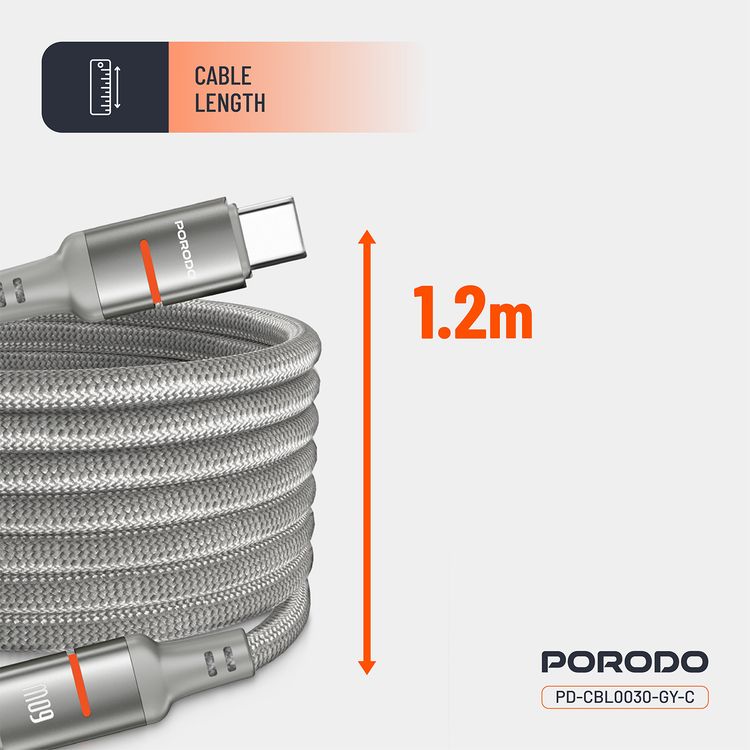 Porodo Type-C to Type-C Magnetic Braided Cable with 60W Power Delivery, 1.2m Cable Length, More than 15,000 Bends Lifespan, Tangle-Free Design - Gray