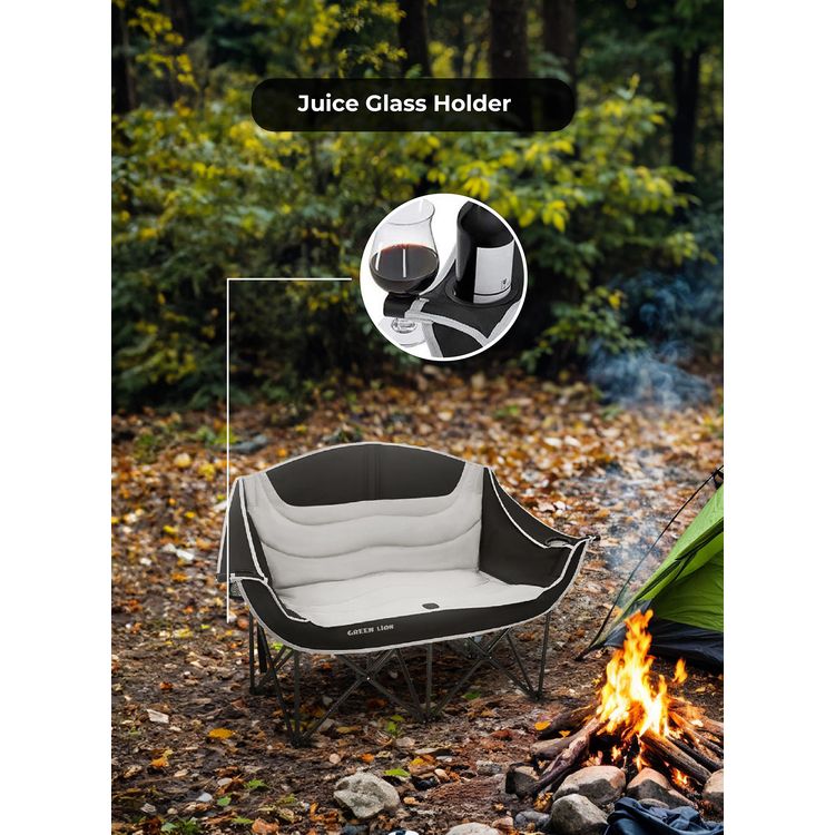 Green Lion Double Camping Chair, 600D Oxford Fabric + Steel Pipe Material, Camping Friendly, Safety Lock, Foldable Design, Easy Setup, Juice Glass Holders  - Gray / Black