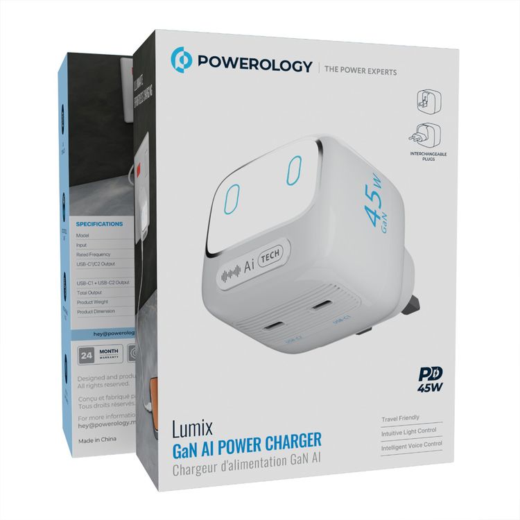 Powerology Lumix GaN AI Power Charger with 45W PD Output, AI Tech, Dual USB-C Outputs, Intelligent Voice Control, Interchangeable EU & US Plugs, Built-in Safeguards, Travel Friendly - White