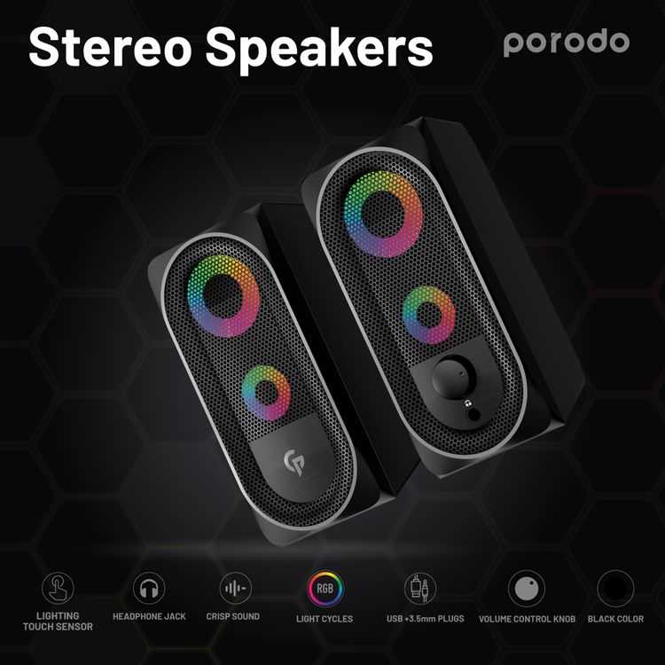 Porodo Gaming Stereo Speakers with RGB Light Effects, USB-A & 3.5mm Plugs, Volume Control Knob, 10W RMS Output, 1.2m Cable Length, Lightning Touch Sensor - Black