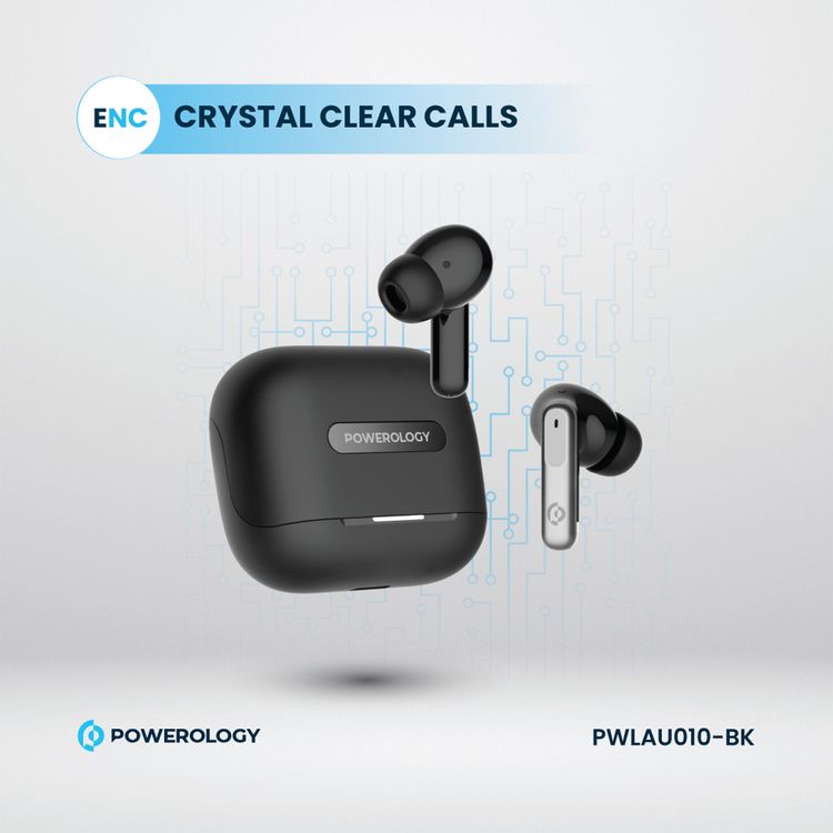 Powerology Hybrid True Wireless Earbuds with ANC + ENC, 6 Microphone, Bluetooth Version 5.3 & Type-C Charging Port - Black 