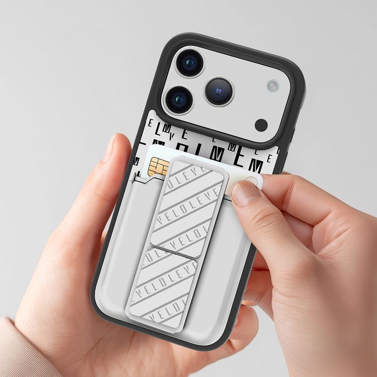 Levelo Morphix GripStand Case with Card Holder for iPhone 17 Pro Max, Luxury Printed Branding Design, Shock-Resistant Bumper, Raised Bezels for Camera & Screen, Magnetic Strap Stand - Silverstone